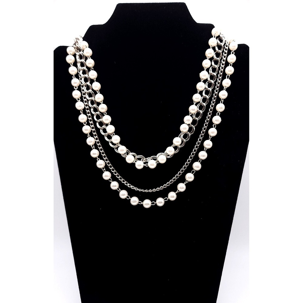 Multi Strand‎ Faux Pearl Silver Tone Statement Necklace